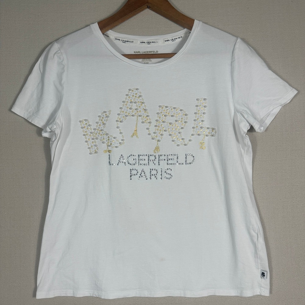 Karl Lagerfeld Paris T-Shirt Womens Medium White Good Embellished Eiffel Tower